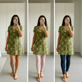 Blue floral V-neck A-line dress styled three ways – with white leggings, with jeans, and with black leggings