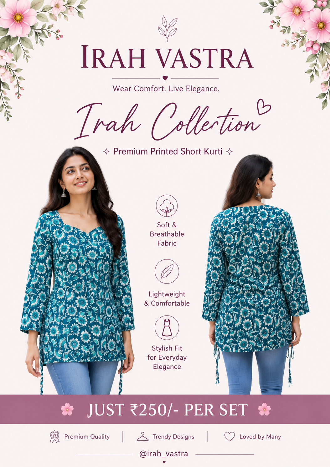 Women's blue premium printed short cotton kurti with stylish back dori design by Irah Vastra