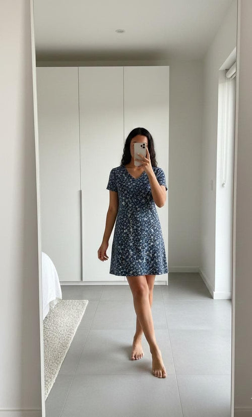 Woman wearing blue floral cotton long polo nightdress with short sleeves and relaxed fit