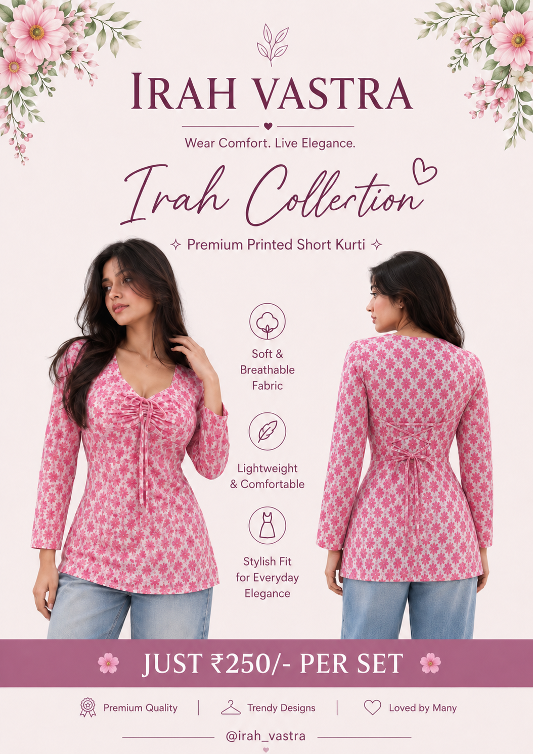 Women's pink floral premium printed short cotton kurti with stylish back dori design by Irah Vastra