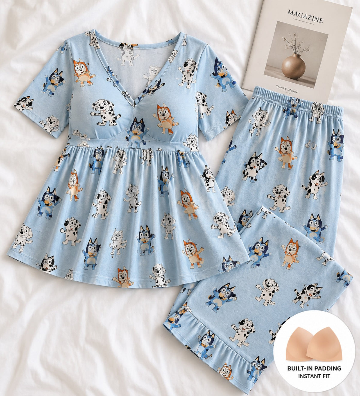 Women’s Cotton Night Suit with Inbuilt Padded Bra – Light Blue Cartoon Print