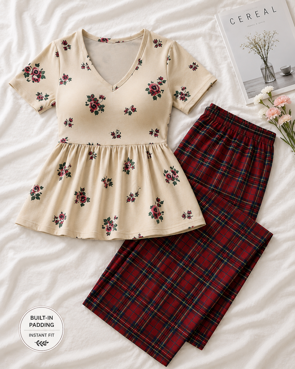 Padded Peplum Nightwear Set – Beige Floral & Red Checks | Women’s Cotton Padded Nightwear