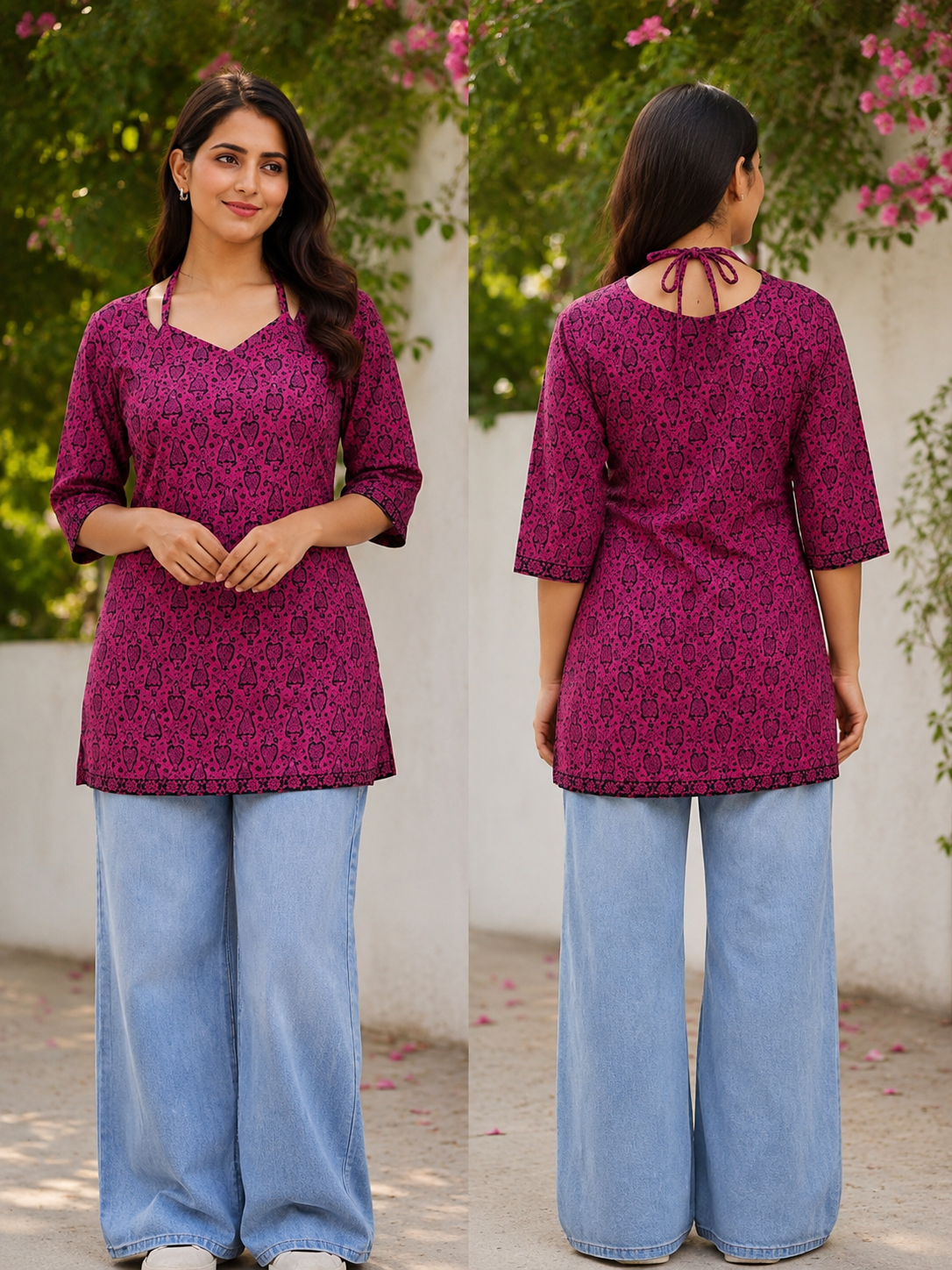 Pink neck dori kurti for women 