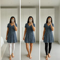 Blue floral V-neck A-line dress styled three ways – with white leggings, without leggings, and with black leggings
