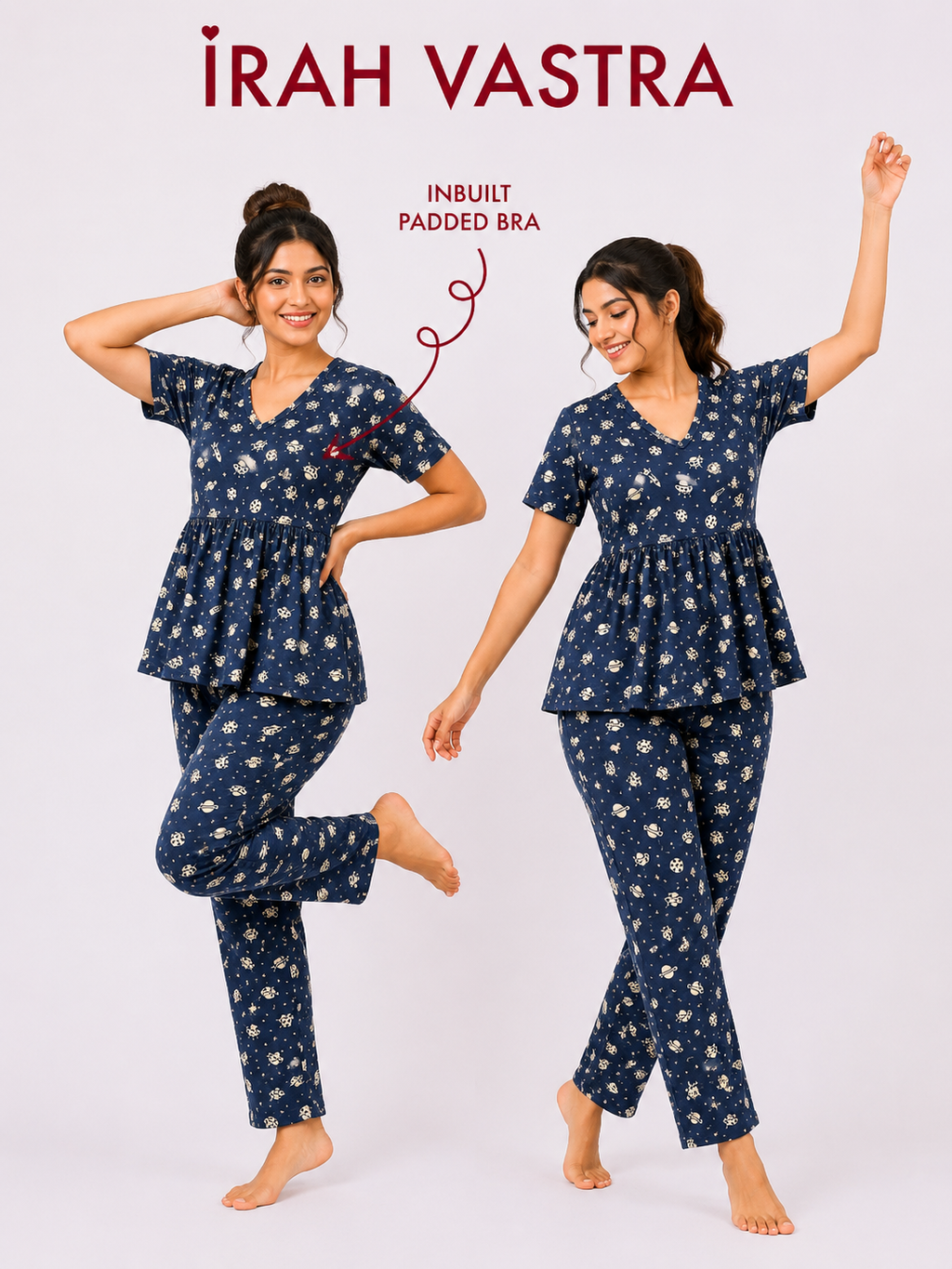 Women’s navy blue floral cotton night suit with inbuilt padded bra and matching pajama
