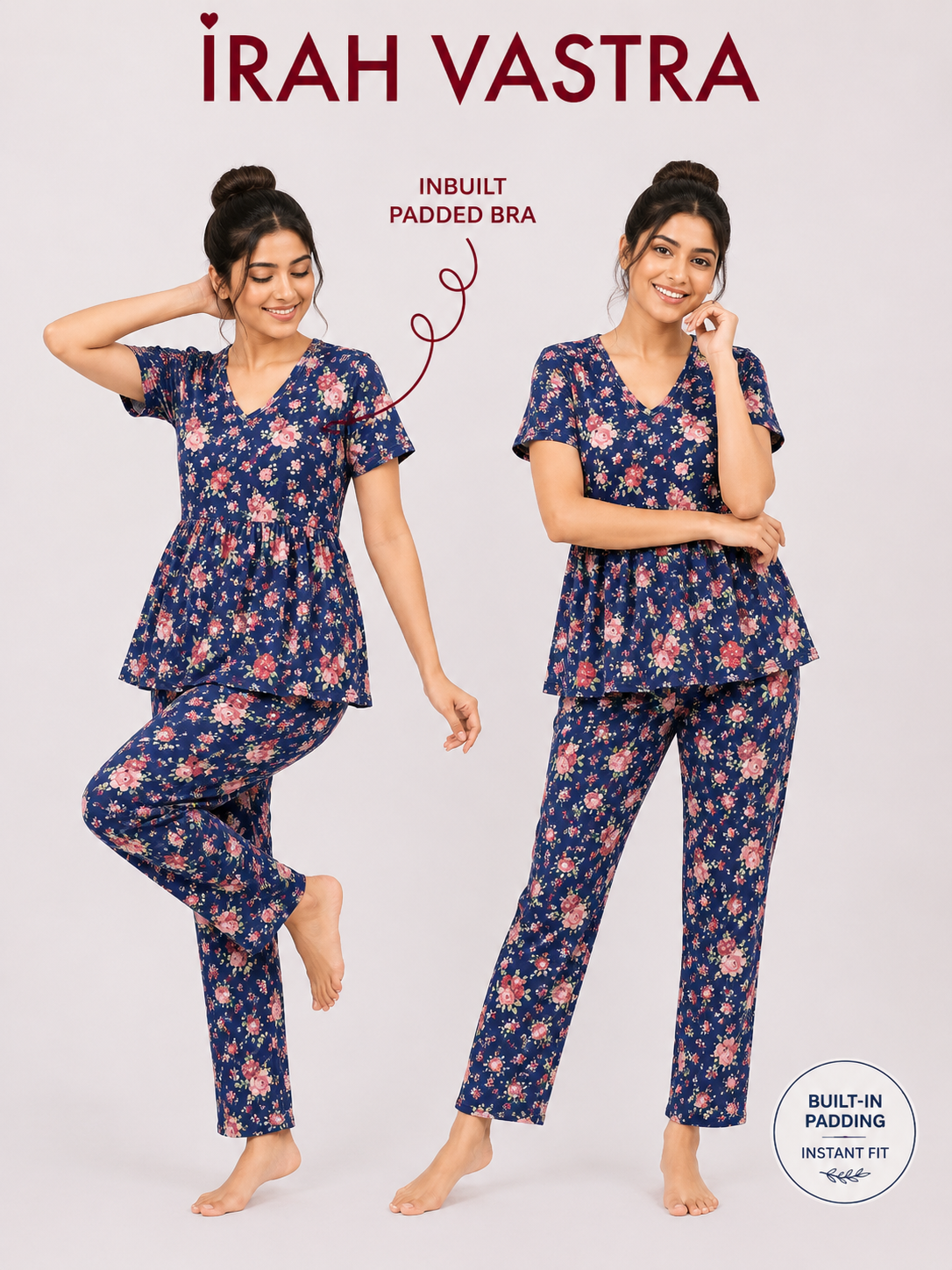 Women's padded peplum nightwear set in soft comfortable fabric for stylish sleepwear
