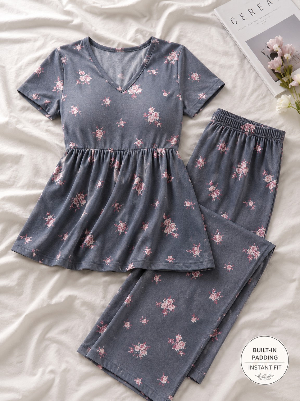 Women’s Cotton Night Suit with Inbuilt Padded Bra – Grey Floral Print export Quality