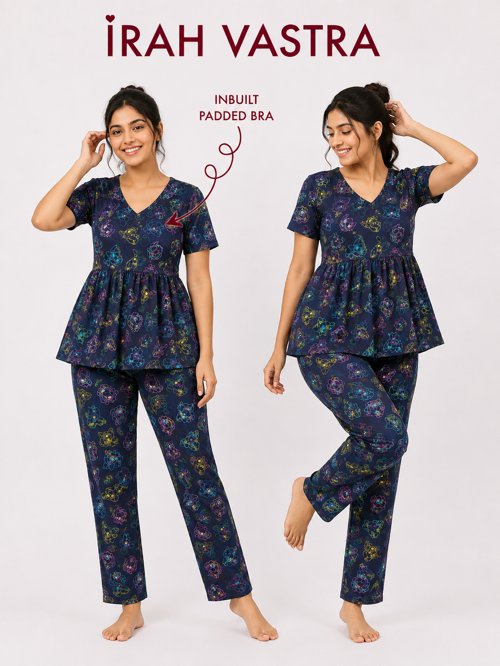 Women’s navy blue floral cotton night suit with inbuilt padded bra and matching pajama