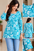 Premium Printed Short Kurti for Women – Blue Floral (pure cotton) | Irah Vastra