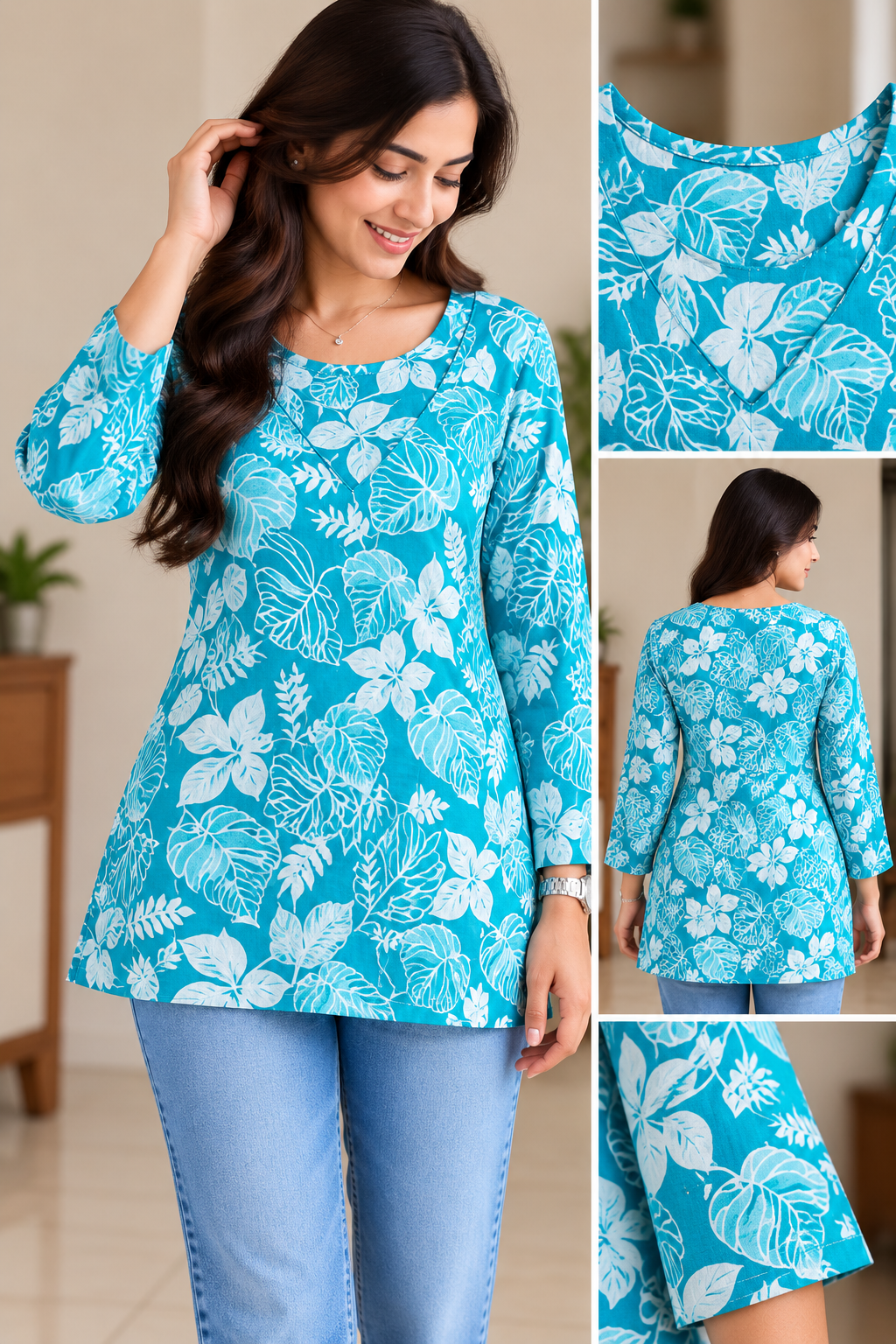 Premium Printed Short Kurti for Women – Blue Floral (pure cotton) | Irah Vastra