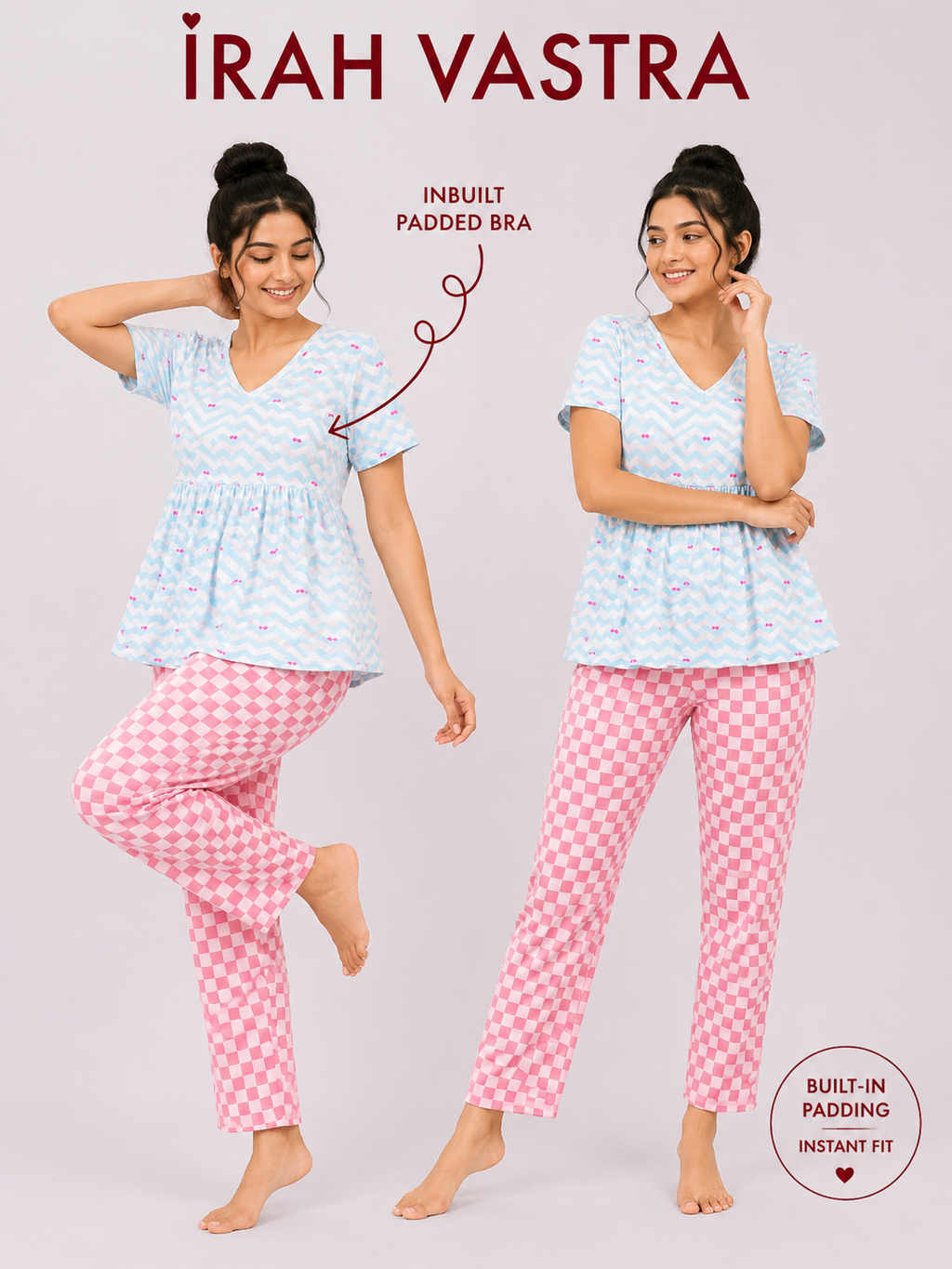 Women’s blue chevron and pink checkered padded cotton nightwear set with inbuilt padded bra