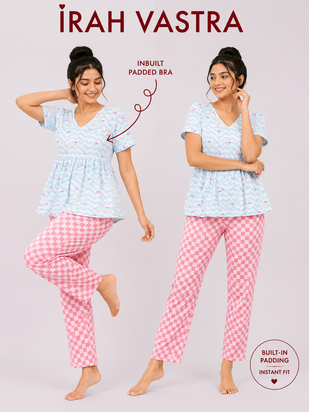 Women’s blue chevron and pink checkered padded cotton nightwear set with inbuilt padded bra