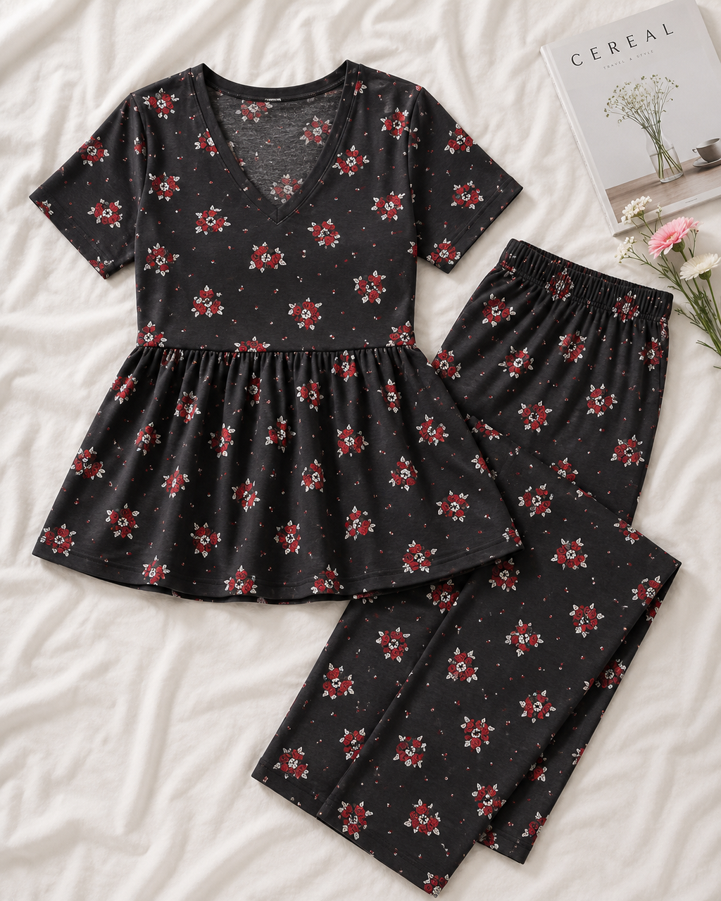 Padded Peplum Nightwear Set – Black Floral Print | Women’s Cotton Padded Nightwear