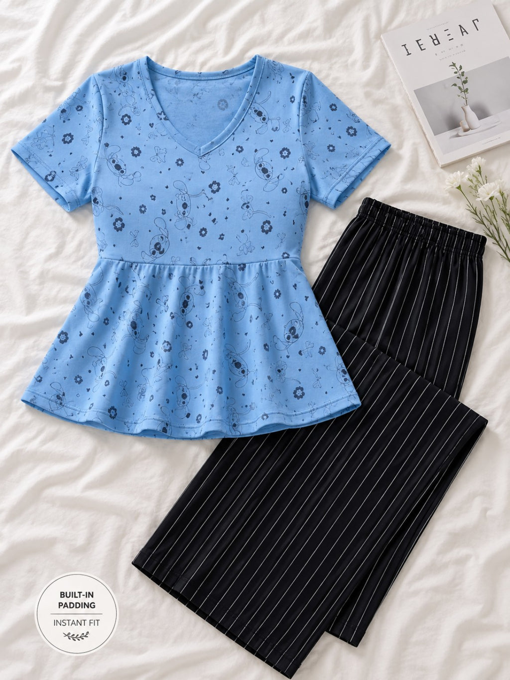 Women’s Cotton Night Suit with Inbuilt Padded Bra – Blue Snitch Print Short Top & Striped Pajama