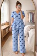 Blush pink cotton printed nightwear set with peplum top and full-length pajama