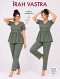 Women’s Cotton Night Suit with Inbuilt Padded Bra – Olive dot Print