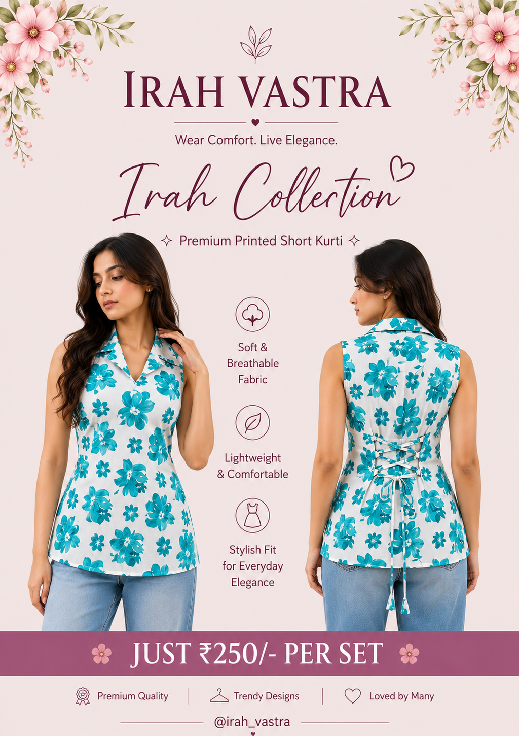 Premium Printed Short Kurti for Women – Blue Floral | Irah Vastra (No sleeves attached)