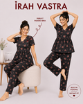 Women’s black floral padded cotton peplum nightwear set with inbuilt padded bra
