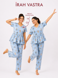 Women’s Cotton Night Suit with Inbuilt Padded Bra – Light Blue Cartoon Print