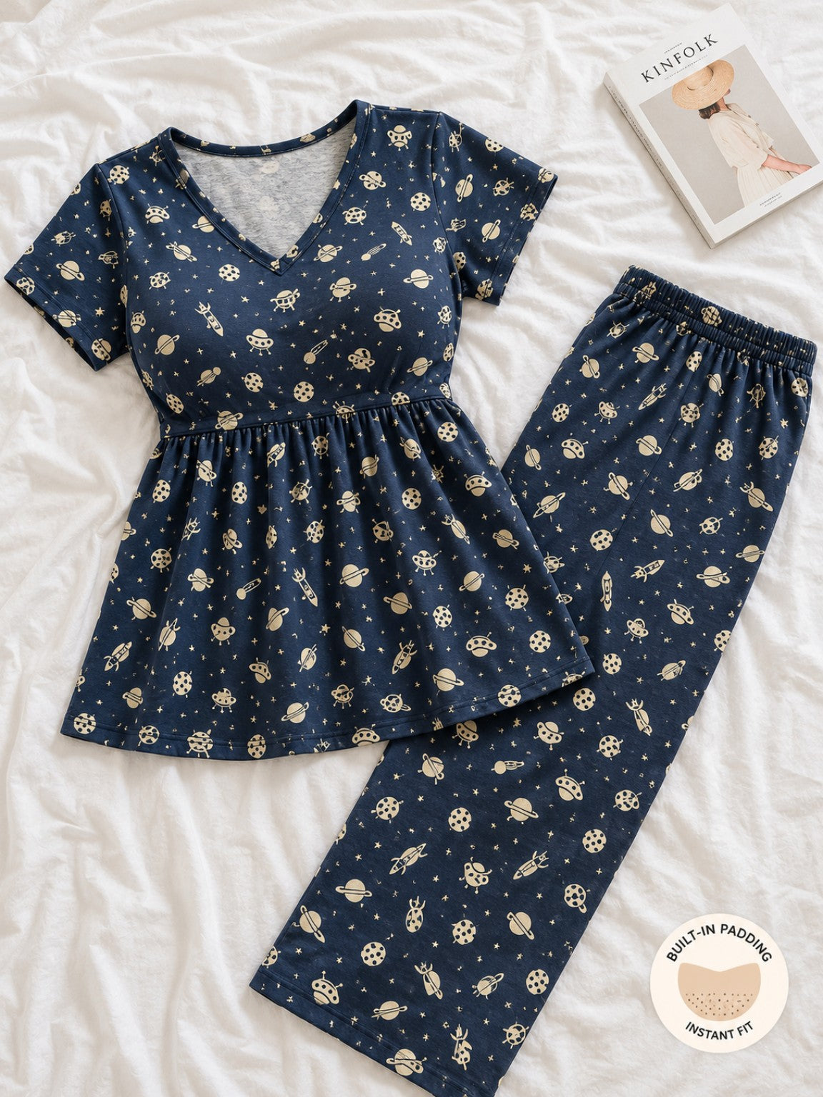 Women’s Cotton Night Suit with Inbuilt Padded Bra – Navy Floral Print