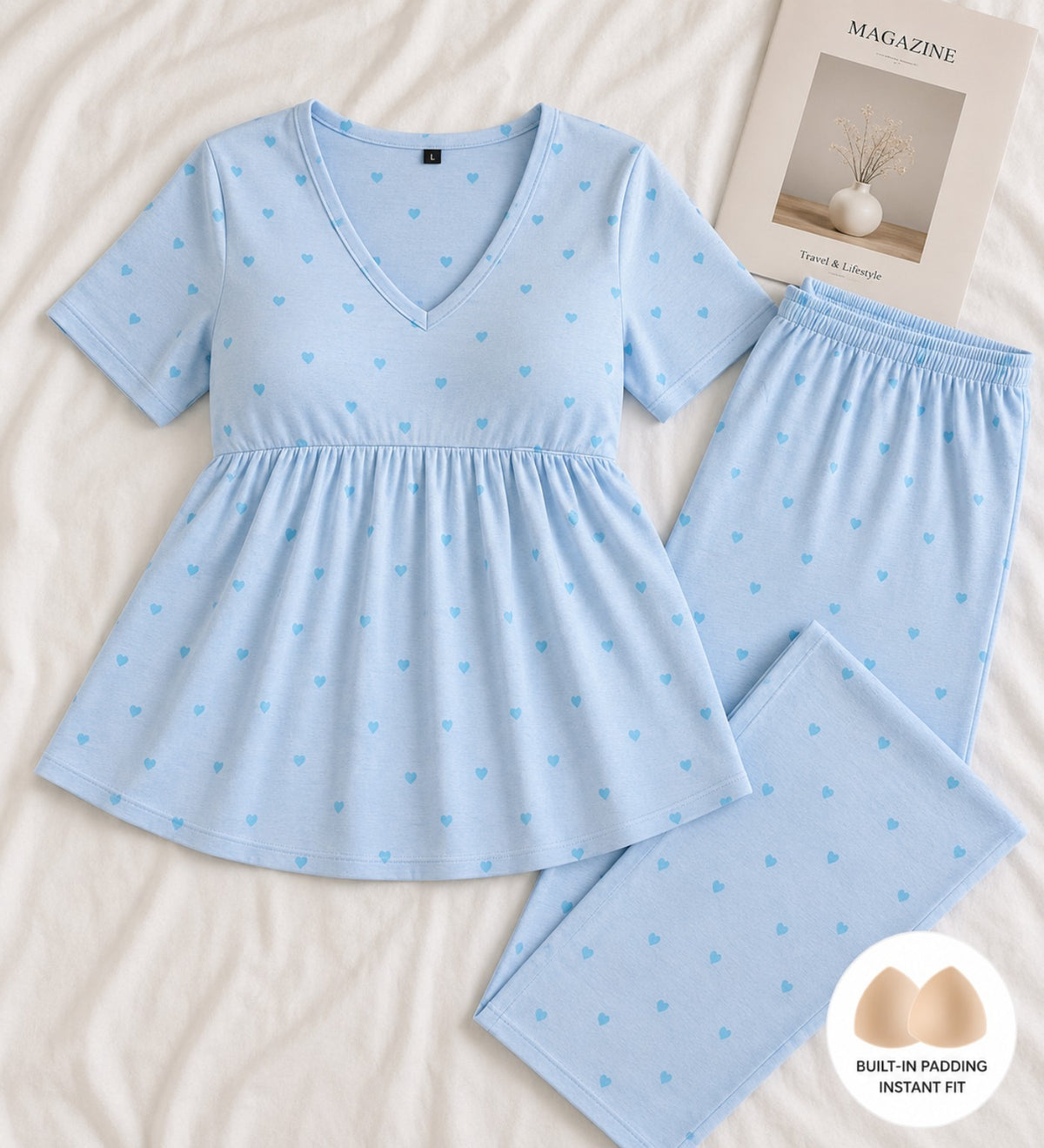 Padded Peplum Nightwear Set – Light Blue Heart Print | Women’s Cotton Padded Nightwear