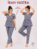 Women’s grey floral cotton night suit with inbuilt padded bra and matching pajama