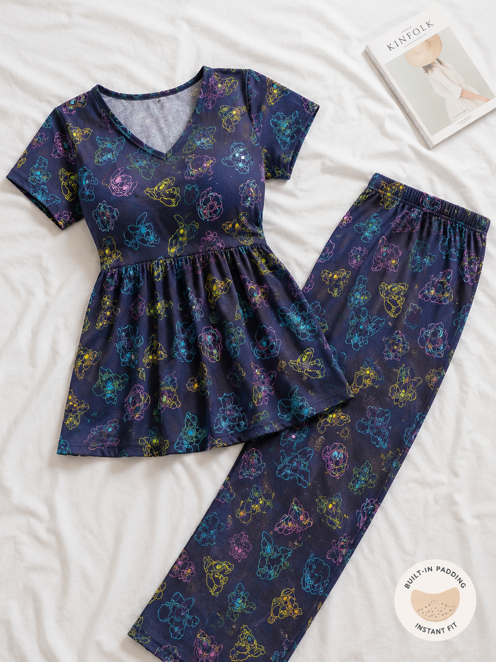 Women’s Cotton Night Suit with Inbuilt Padded Bra – Navy Snitch Print