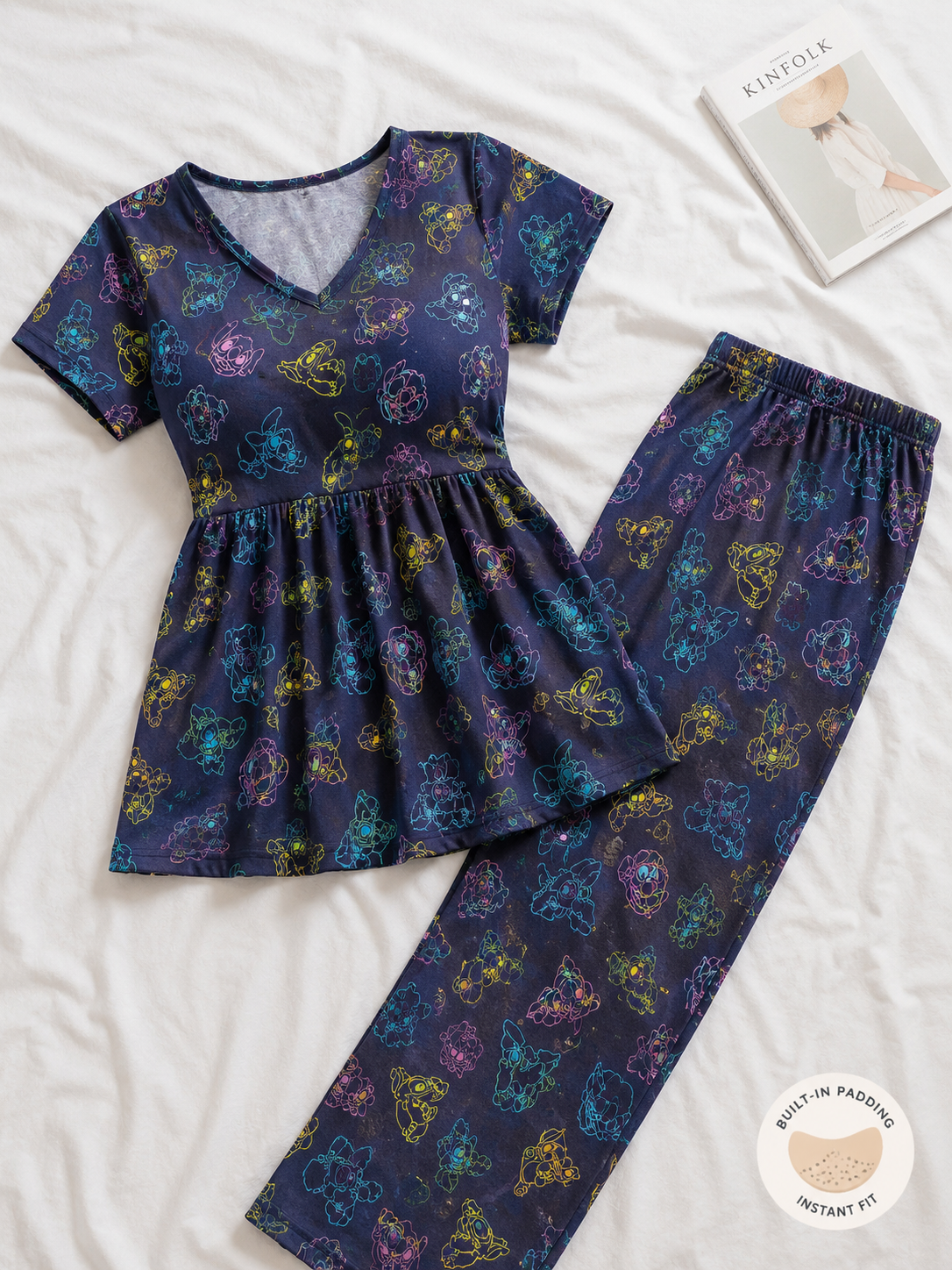 Women’s Cotton Night Suit with Inbuilt Padded Bra – Navy Snitch Print