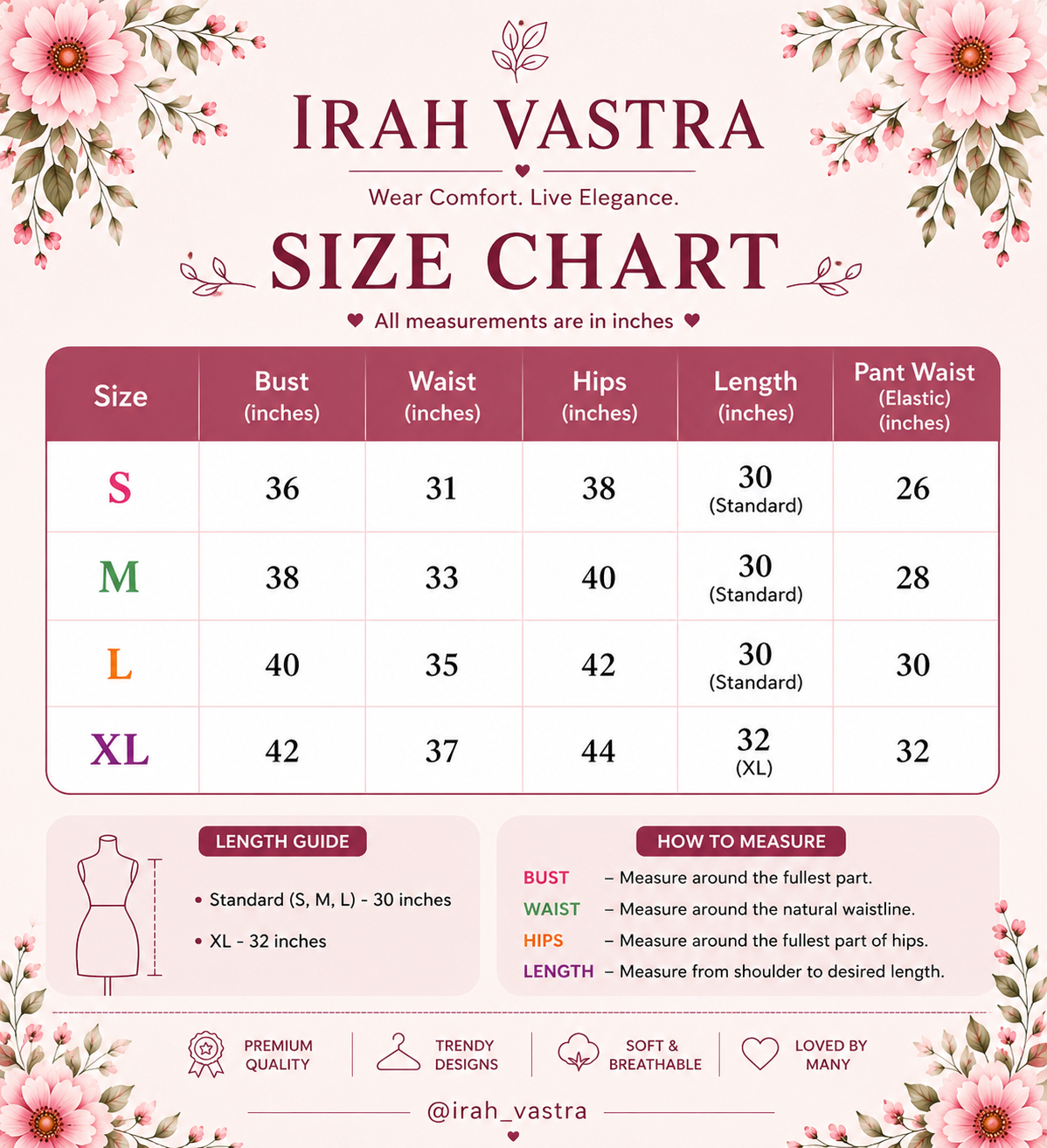 Size chart for corset top 