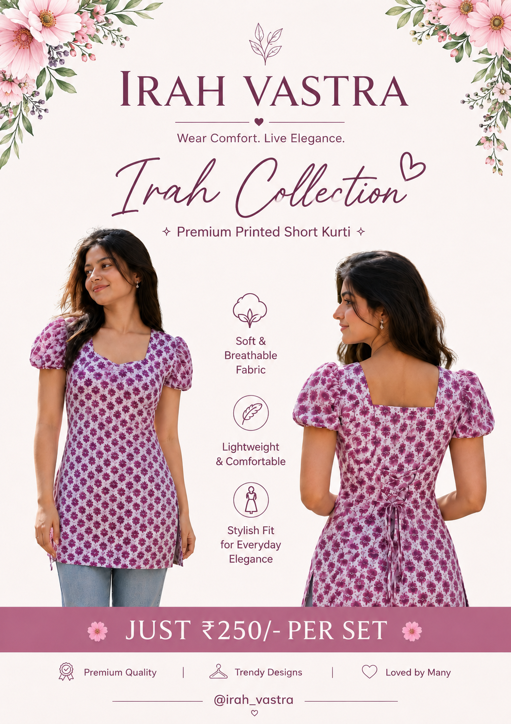 Women's violet floral premium printed short cotton kurti with stylish back dori design by Irah Vastra
