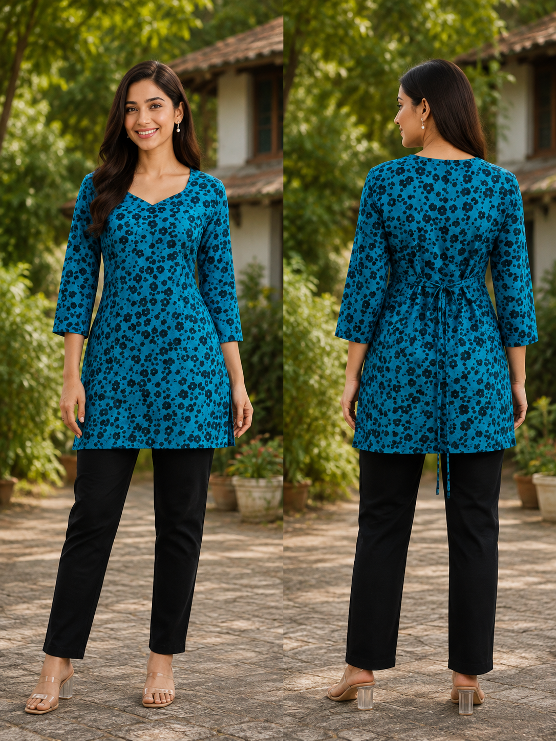 A woman modeling a teal blue and black leopard-print tunic top with three-quarter sleeves, shown in front and back views against an outdoor garden backdrop.