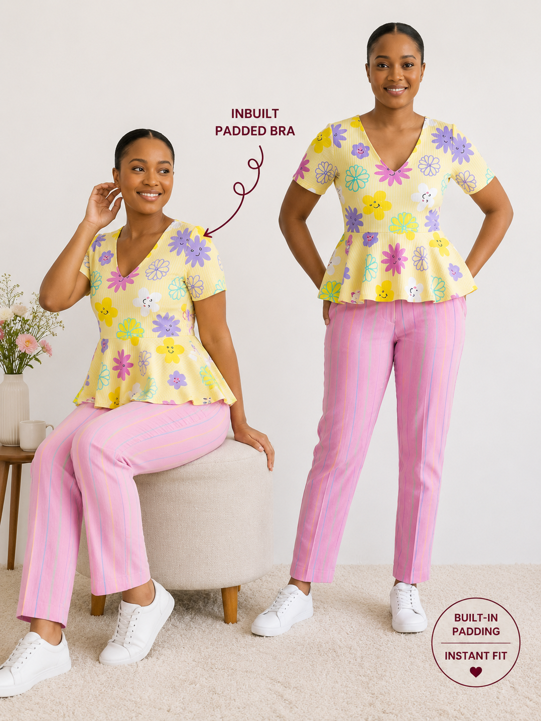 Women’s yellow floral cotton night suit with inbuilt padded bra and pink striped pajama
