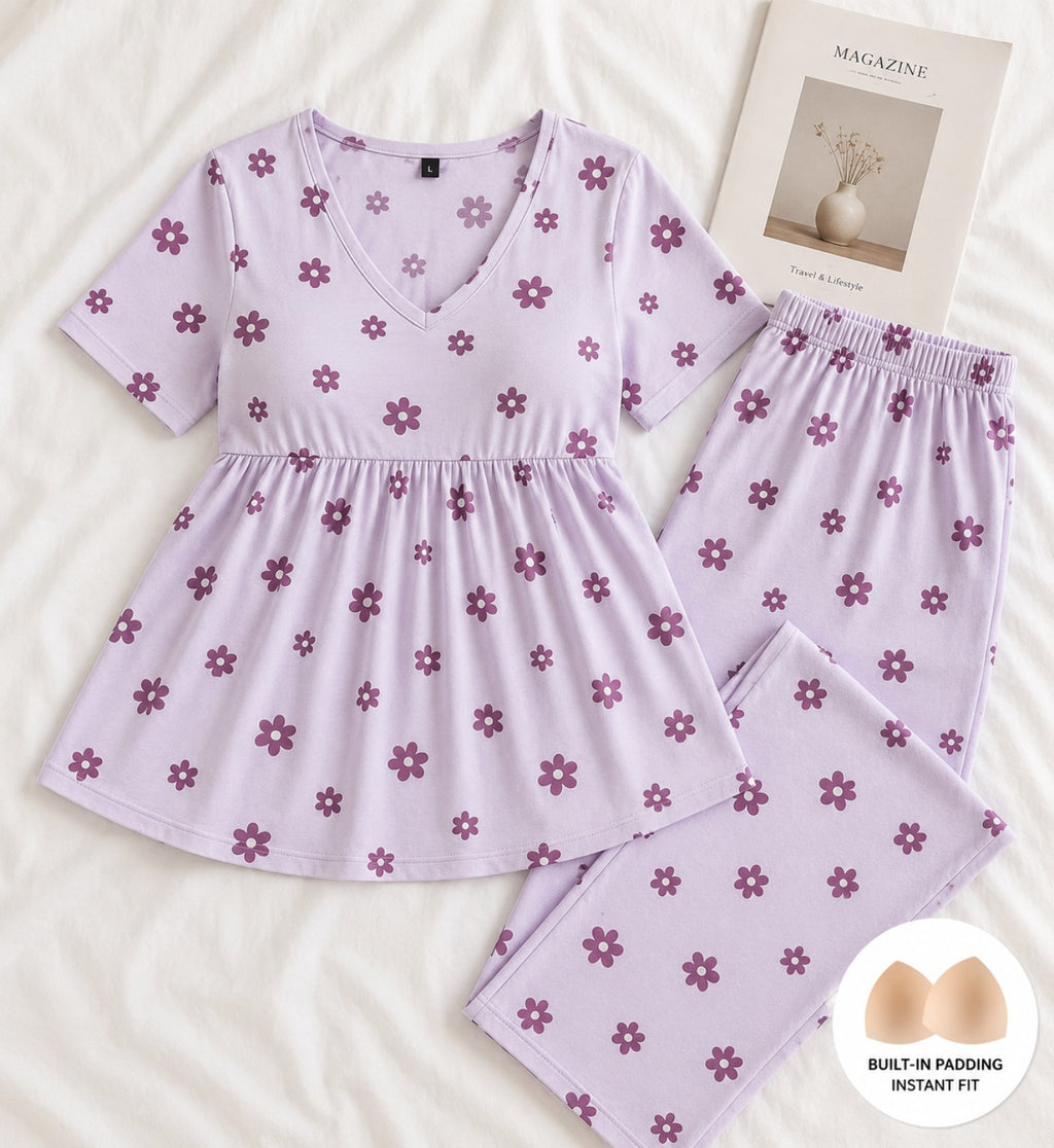Women’s Cotton Night Suit with Inbuilt Padded Bra – Lavender Floral Print