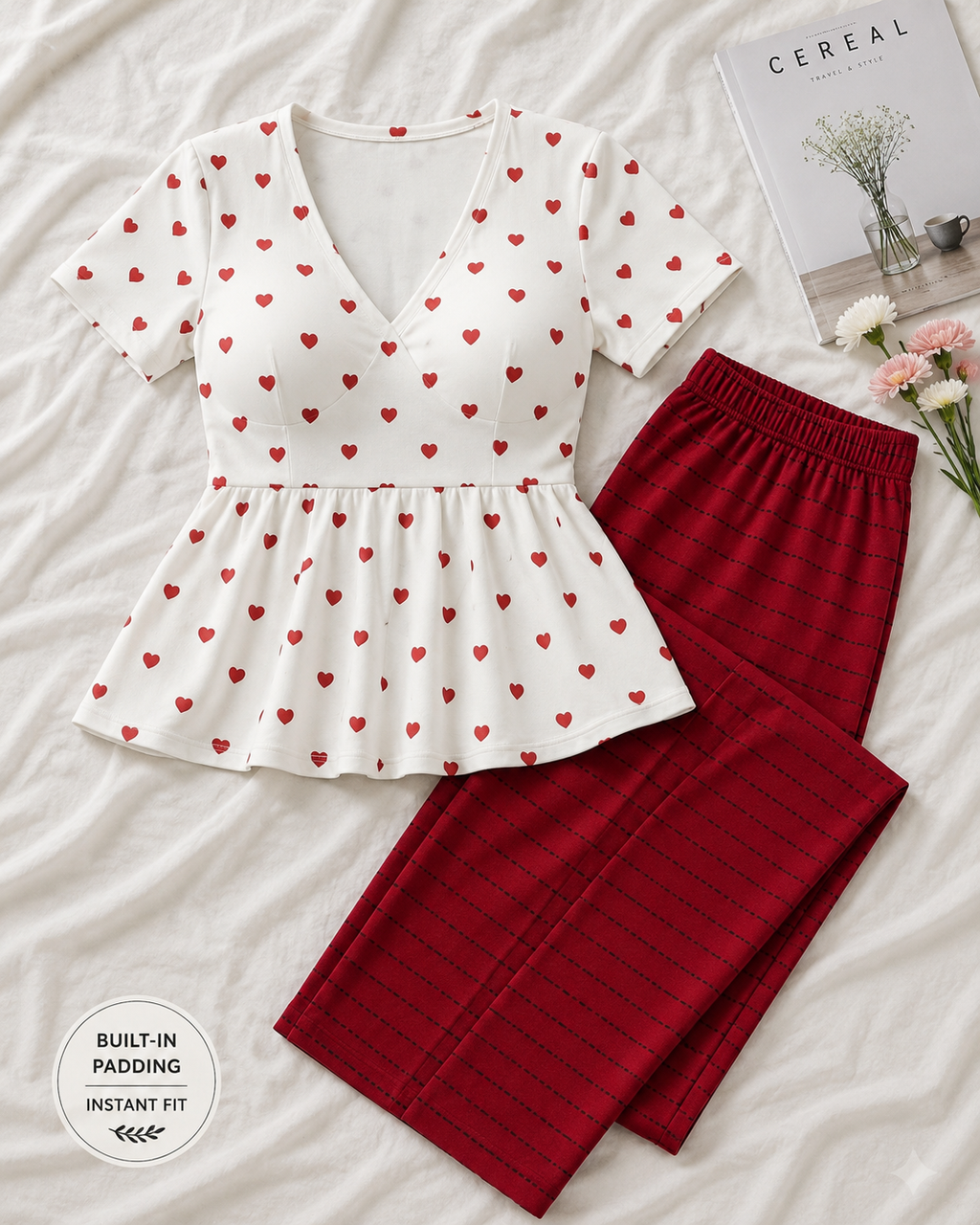 Padded Peplum Nightwear Set – Red Heart Print & Striped Pants | Women’s Cotton Padded Nightwear
