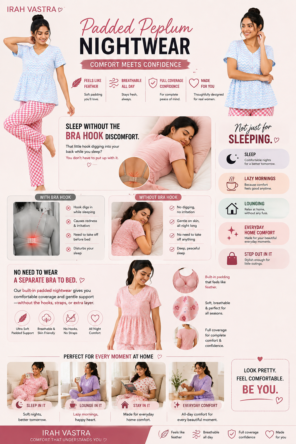 IRAH VASTRA padded peplum nightwear set size chart showing S to XXL sizes with bust, top length, pant length and hip measurements in inches.