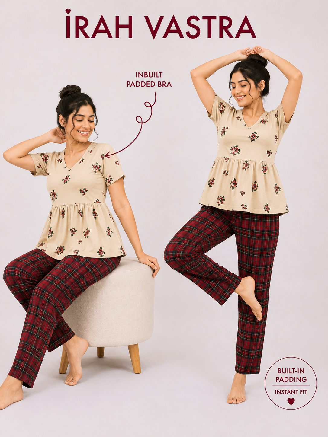 Women’s beige floral and red checked padded cotton peplum nightwear set with inbuilt padded bra