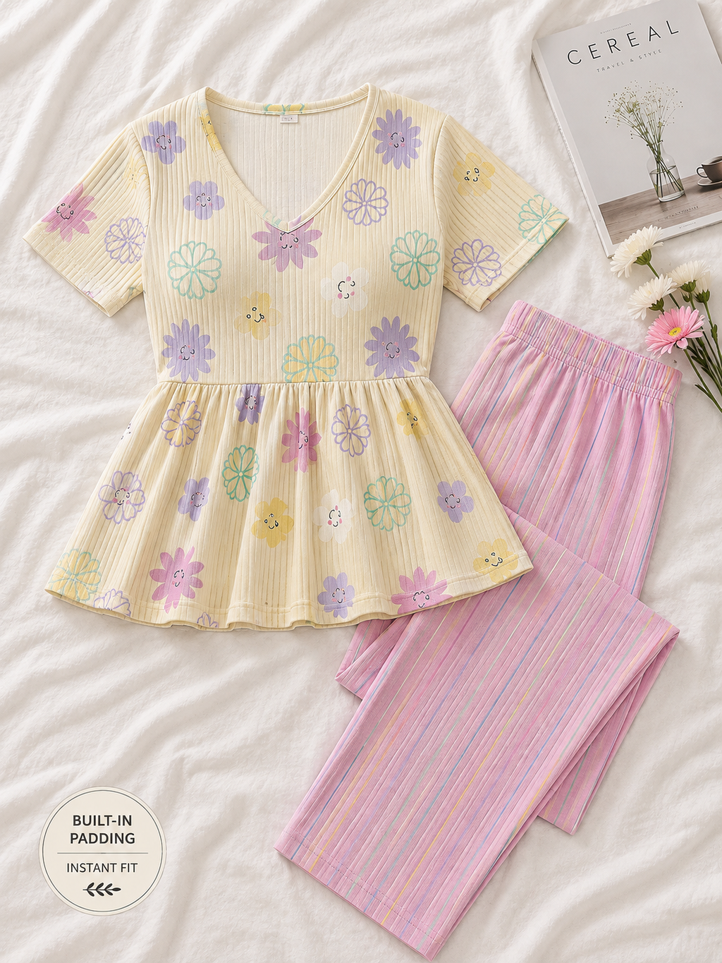 Women’s Cotton Night Suit with Inbuilt Padded Bra – Floral Top & Pink Striped Pajama Set