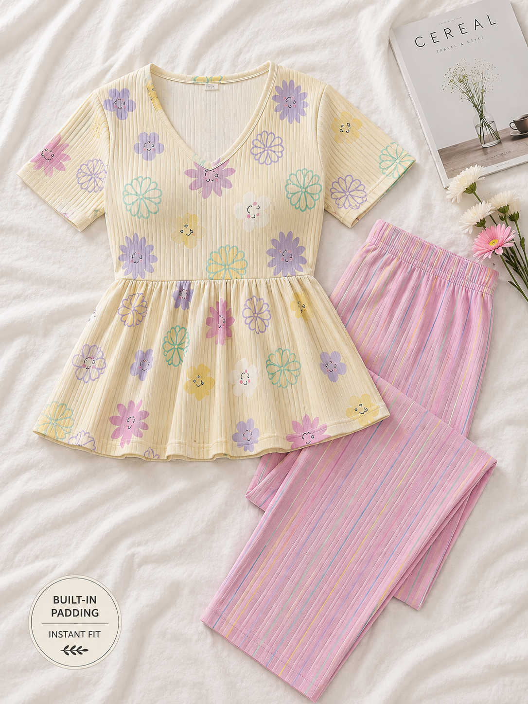 Women’s Cotton Night Suit with Inbuilt Padded Bra – Floral Top & Pink Striped Pajama Set