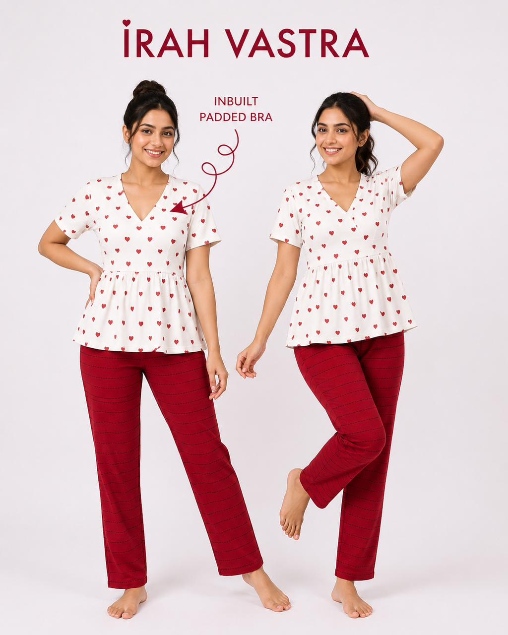 Women’s white and red heart print padded cotton peplum nightwear set with inbuilt padded bra