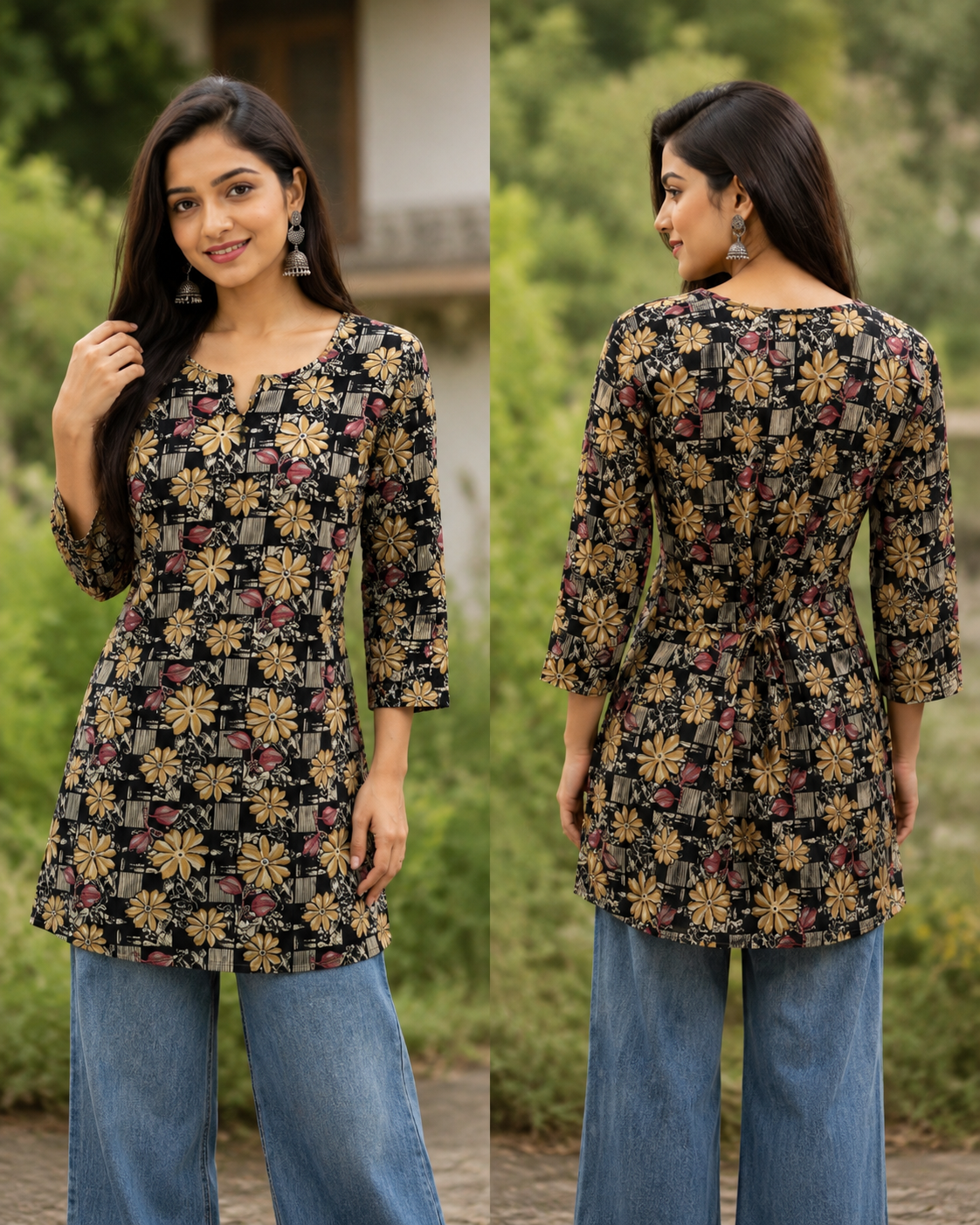 Black floral corset short kurtis for women 