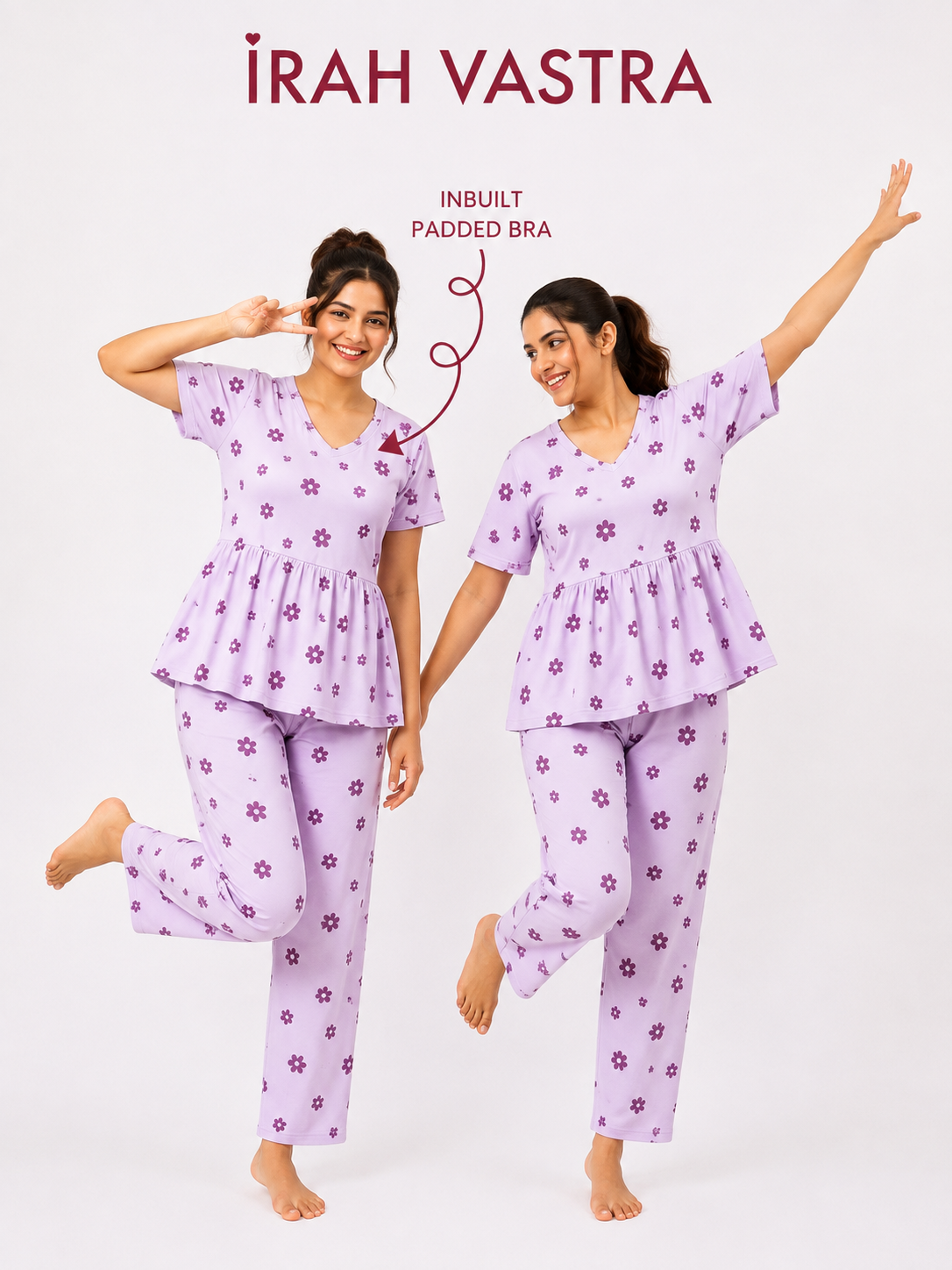 Women’s lavender floral cotton night suit with inbuilt padded bra and matching pajama