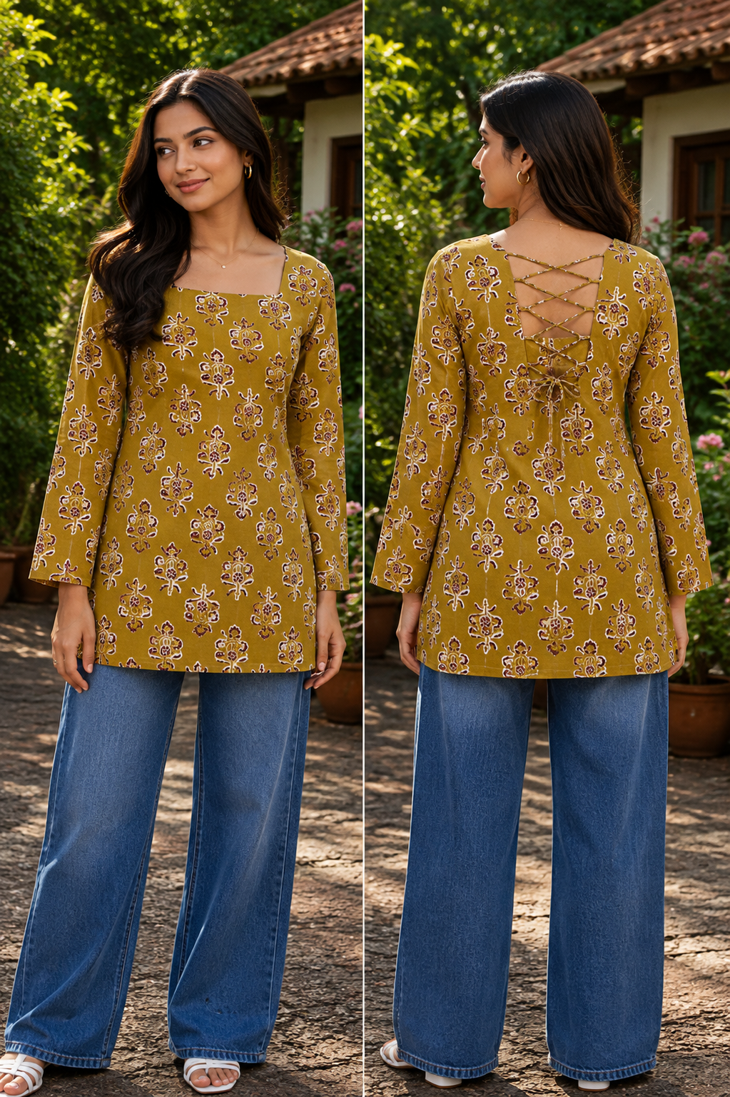 Yellow corset back dori short kurtis for women trendy 