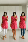 Blue floral V-neck A-line dress styled three ways – with white leggings, without leggings, and with black leggings
