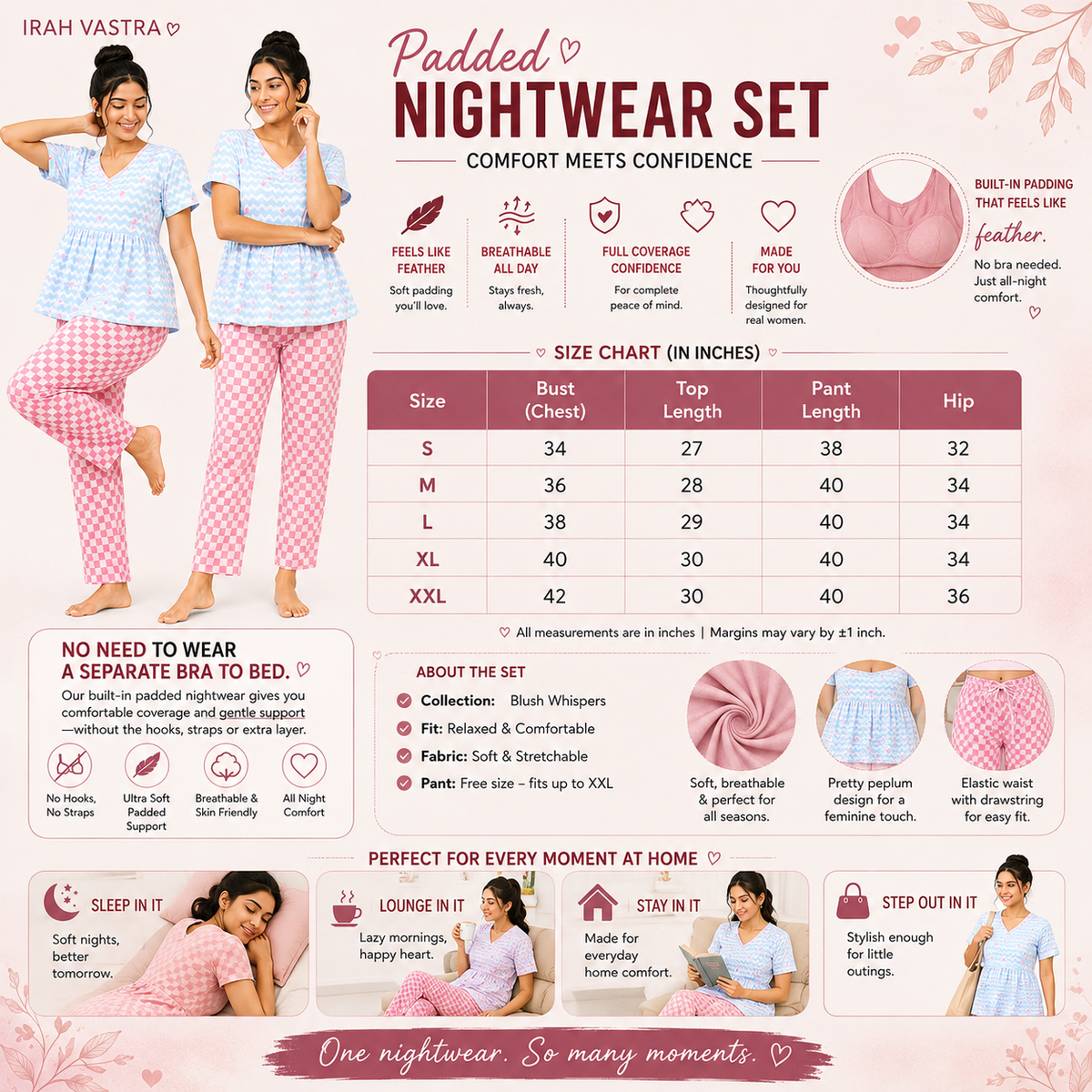 IRAH VASTRA padded peplum nightwear set size chart showing S to XXL sizes with bust, top length, pant length and hip measurements in inches.