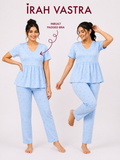 Women’s light blue heart print padded cotton peplum nightwear set with inbuilt padded bra