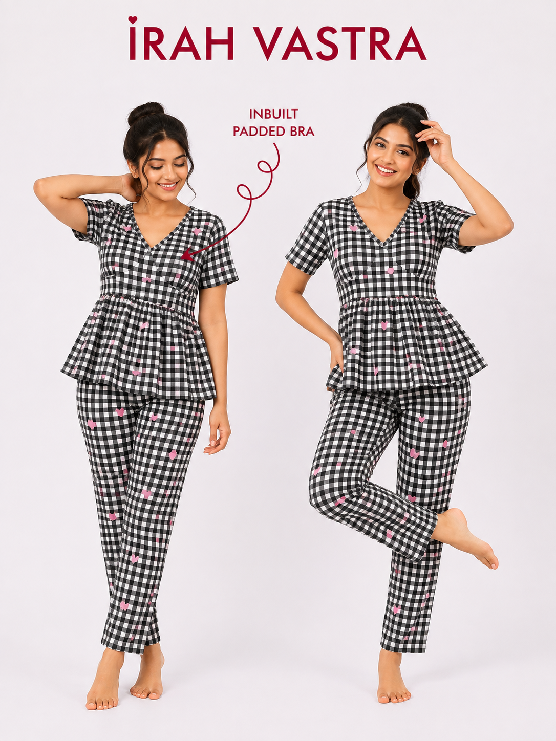 Women’s black gingham heart print padded cotton nightwear set with inbuilt padded bra