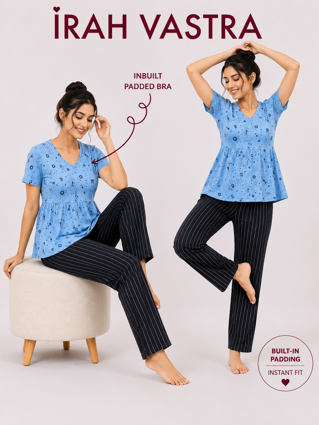 Women’s blue cotton night suit with inbuilt padded bra and Snitch character print